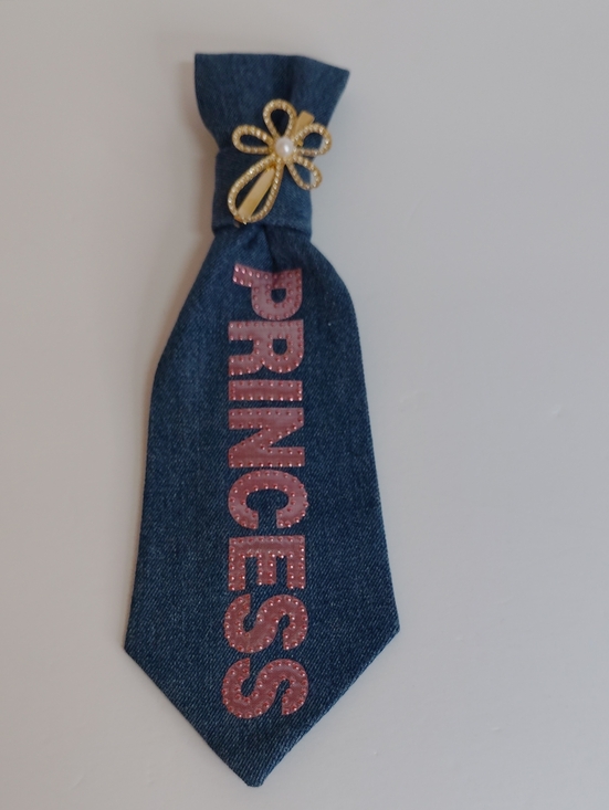 Other - Denim Blue Kids Tie with Pink 'PRINCESS' Lettering and Gold Flower Accent